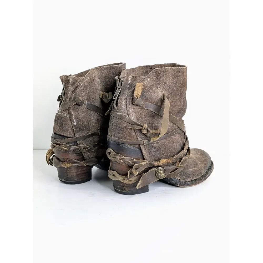 Freebird by Steven Cairo Boots 7 Brown Suede Strappy Heeled Boho Festival Zip